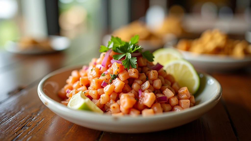 Plato de ceviche fresco en restaurante de playa con limón y tostadas doradas