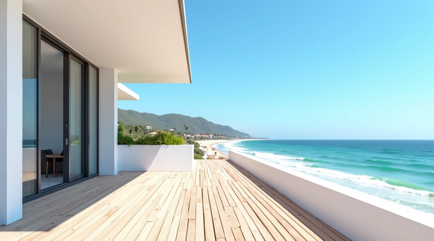 Casa de playa moderna con terraza, vista al océano y arquitectura contemporánea