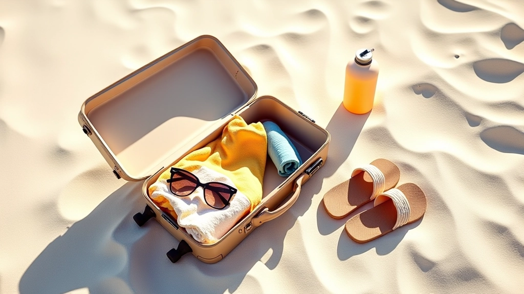 Maleta abierta sobre arena blanca con accesorios de playa y gafas de sol